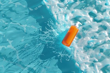 A bottle of sunscreen on top of a swimming pool. Perfect for summer concepts