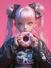 Creepy Kawaii Sprinkled Donut of Doom Girl , Goth creepy , 3D render