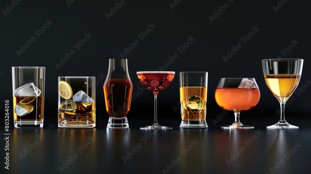 Poster various types of drinks in different glasses, suitable for menus or beverage advertisements