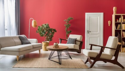 Modern living room interior, minimalistic, elegant red walls, cozy furniture