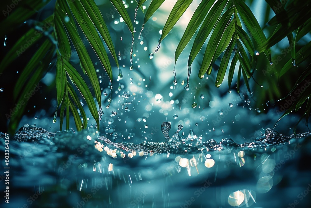 Poster refreshing scene of water droplets dynamically splashing around tropical foliage, imparting a feelin