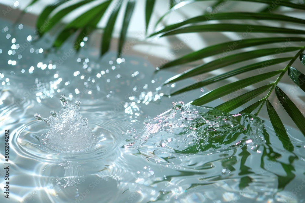 Poster high-quality image capturing the tranquility of water with dynamic splash and palm leaves reflecting