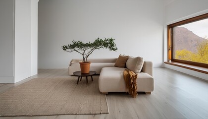 Modern living room interior, minimalistic, simple colorful walls, cozy furniture