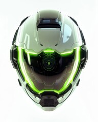 Fototapeta premium Design a futuristic helmet with a visor that can be opened and closed. The helmet should be white and green, with a sleek, aerodynamic design.