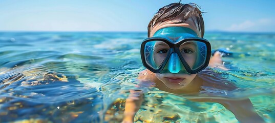 Naklejka premium Adventurous young boy snorkeling in turquoise waters of secluded tropical paradise island