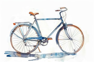 Watercolor painting of a vintage bicycle. The bicycle is blue with brown handlebars and seat. It is parked on a white background.