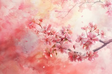 A beautiful painting of a branch with pink flowers. Ideal for spring-themed designs