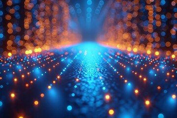 This image captures a dynamic array of bokeh lights with a central beam creating a powerful lens flare effect