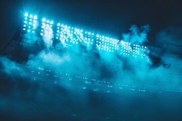 A powerful image of bright LED panels and blue floodlights emerging from smoke, symbolizing energy and technology