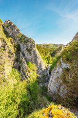 Curvy road between rocks of Maninska tiesnava gorge in Strazov mountains mountains, Slovakia