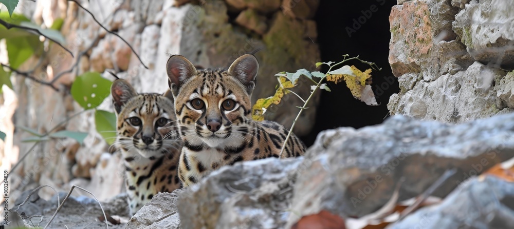 Poster andean mountain cat and kitten portrait with spacious area on the left for adding text