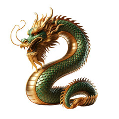 Fototapeta premium A large green dragon with gold accents sits on a white background , The dragon is curled up and has a number 2 on it., isolated on a transparent background.