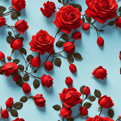 Red roses on a light blue seamless pattern background. realistic proportions style,