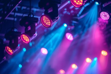 Obraz premium A stunning display of vivid purple stage lights, casting dynamic beams against a dimly lit background