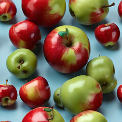 Red and Green apples on a light blue seamless pattern background. realistic proportions style,