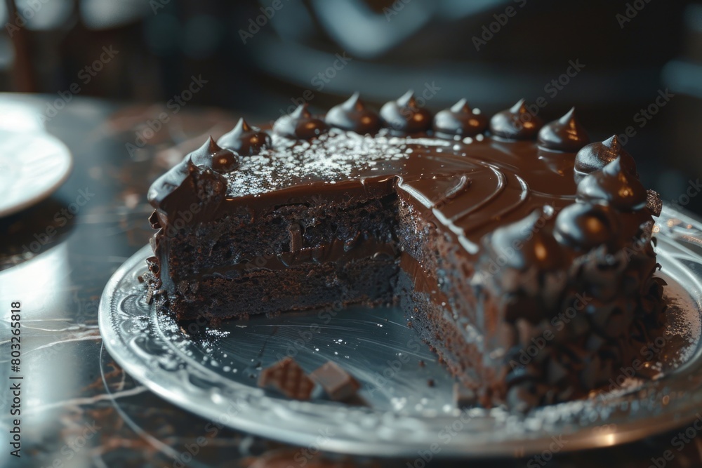Poster a delicious chocolate cake with a missing slice. perfect for food and dessert concepts