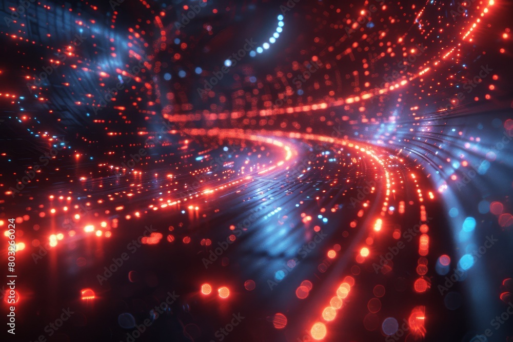 Poster red and blue light particles swirl in a bokeh effect, creating an abstract pattern that suggests ene
