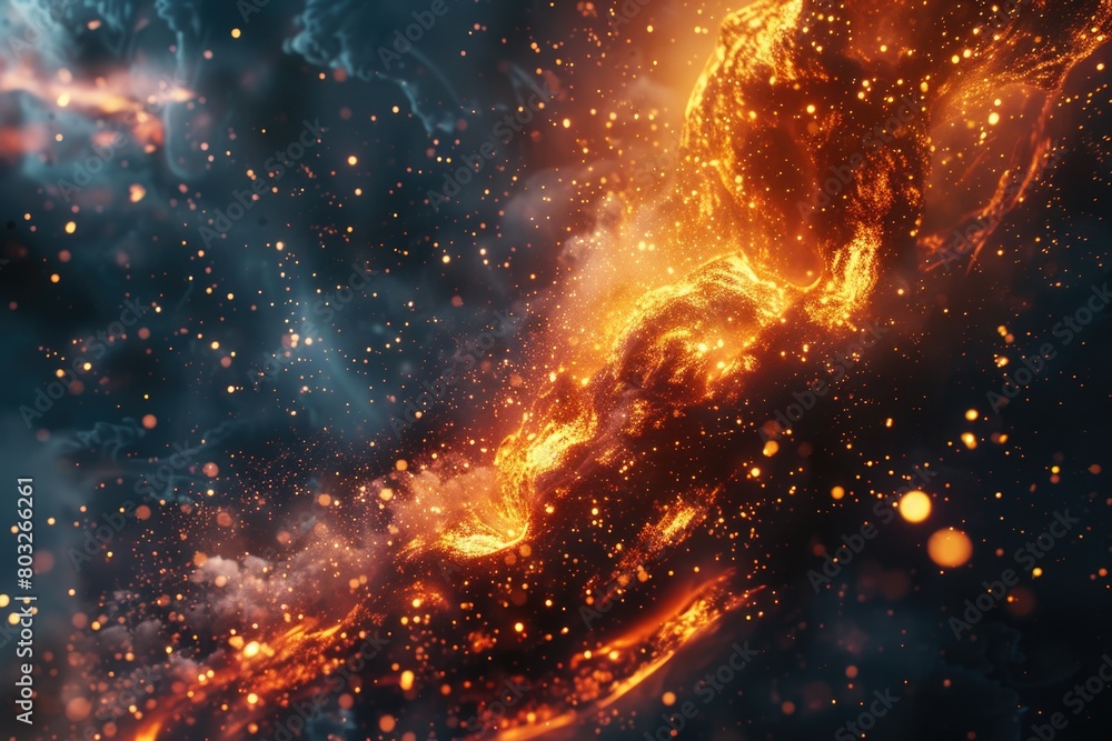 Poster a close-up view of a blazing fire in the sky. suitable for dramatic and intense concepts