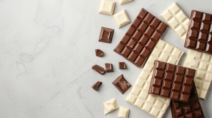 White and milk chocolate isolated. Top view of various chocolate bars, copy space