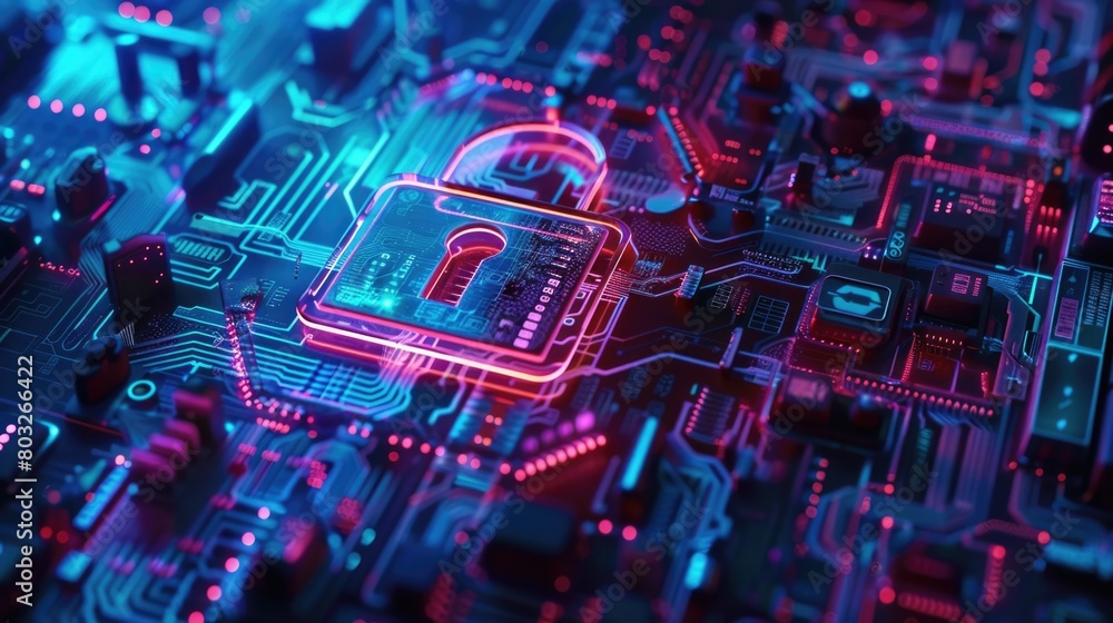 Aufkleber Close up of a circuit board with a padlock. Suitable for technology and security concepts