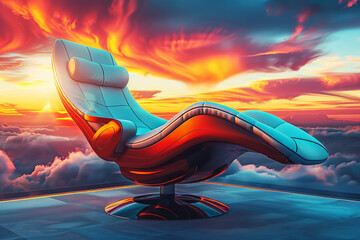 a futuristic recliner with colorful cloud background