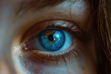 Fototapeta premium A detailed close-up of a person's blue eye. Suitable for medical and beauty concepts