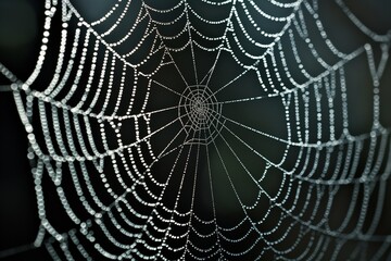 A close-up of a spider web, its intricate design covered in morning dew, sparkling against a solid dark background.