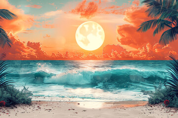 Dreamy beach sunset with a full moon over crashing waves, ideal for travel, fantasy, and romantic designs.