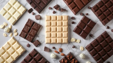 White and milk chocolate isolated. Top view of various chocolate bars, copy space