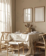 two small blank poster frames hanging on the wall above a dining table, with beige walls and wooden chairs around it. Natural light comes from a window. The concept of interior design