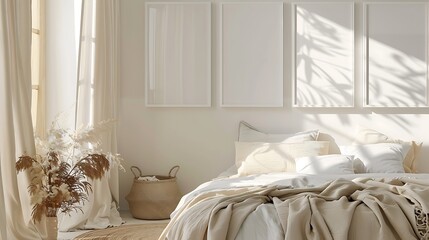  White bedroom with beige bed linen, knitted blanket and pillows on the floor, pampas grass in a jute basket near the window against the white wall with paintings during a sunny day.