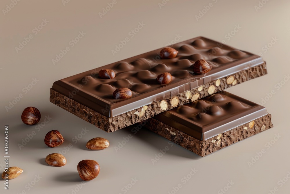Poster two pieces of chocolate with nuts on a table. suitable for food blogs or recipe websites