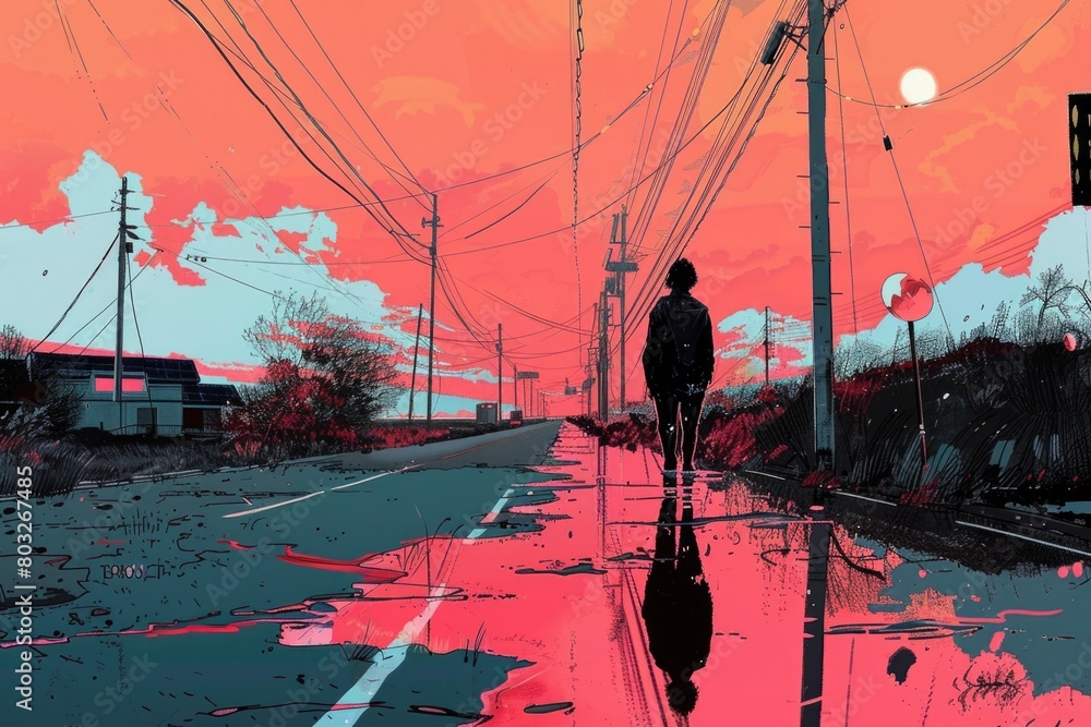 Poster A person walking down a street with a red sky in the background. Suitable for various concepts and designs