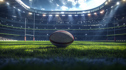 The image capturing the American Football ball positioned prominently at the center of stadium that illuminated by lighting epic grandeur to the atmosphere.