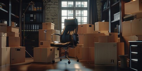 Office chair surrounded by boxes, ideal for office or storage concept