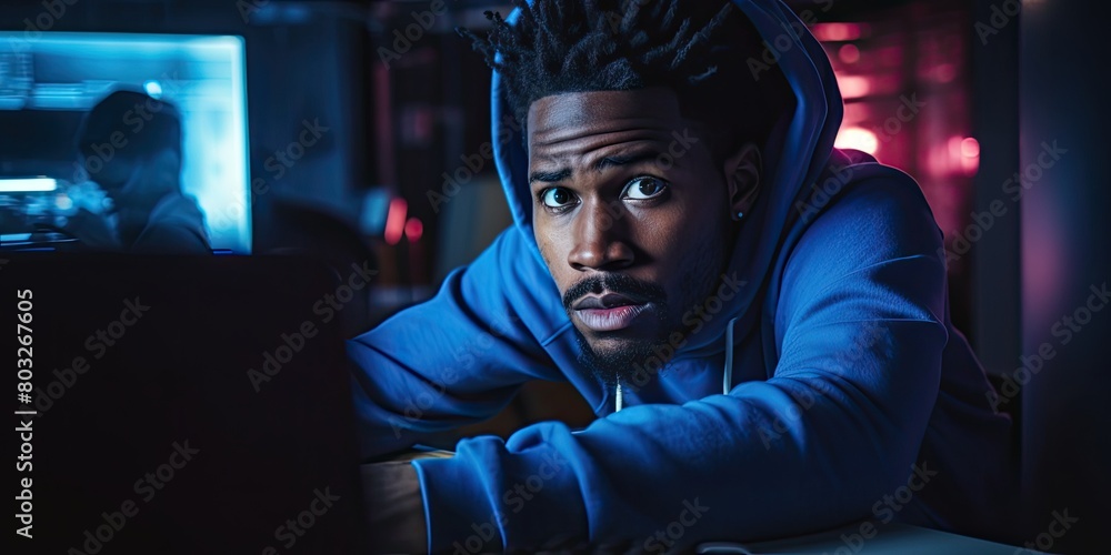 Poster deskbound productivity: man sits at desk with computer monitor, engaged in work