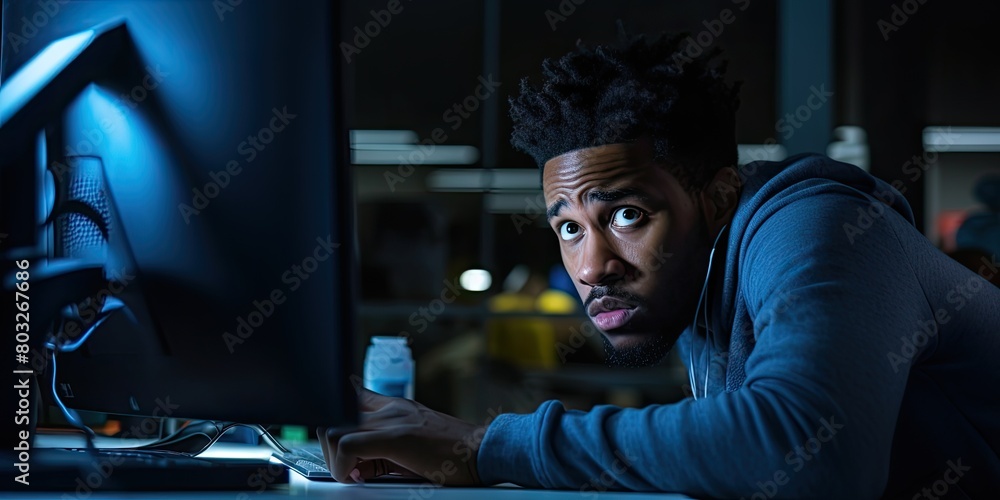 Poster deskbound productivity: man sits at desk with computer monitor, engaged in work