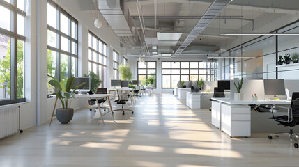 Modern open space office interior with desk AI generate image.