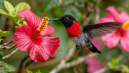 Fototapeta premium Vibrant hummingbirds in flight aiming for flower nectar, displaying beautiful colors