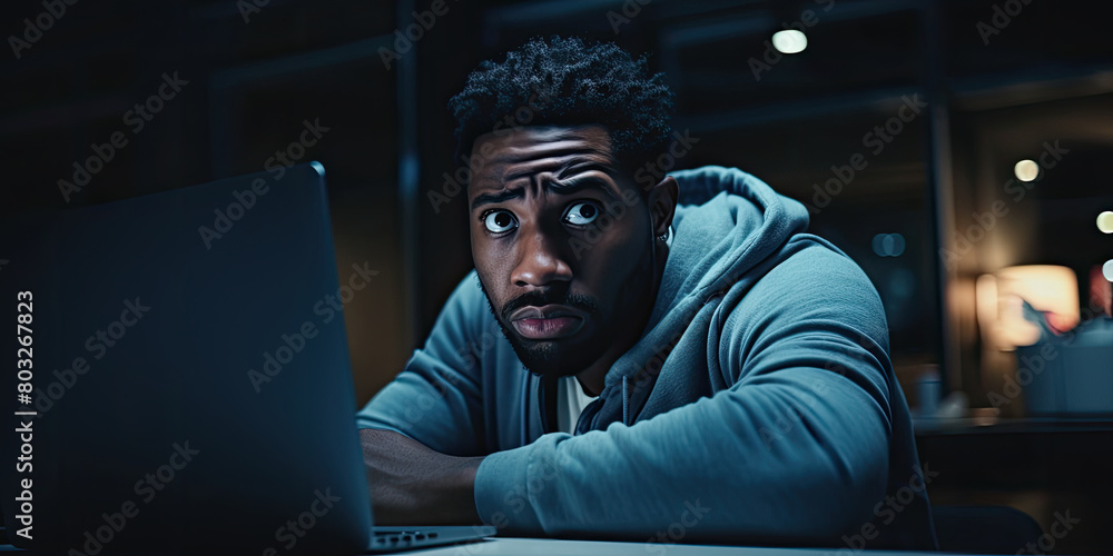 Poster digital workspace: man occupies desk space with computer monitor for productivity