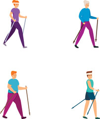 Naklejka premium Race walking icons set cartoon vector. People doing nordic walking. Sport, outdoor activity