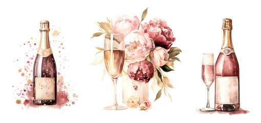 Champagne bottle and glass with peonies