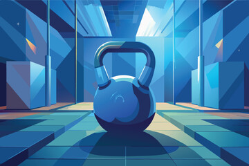 A blue kettlebell rests on the checkered floor of a contemporary gym
