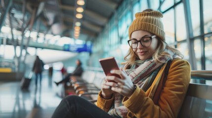 A young woman wearing a yellow beanie and glasses is sitting in a train station and looking at her phone.