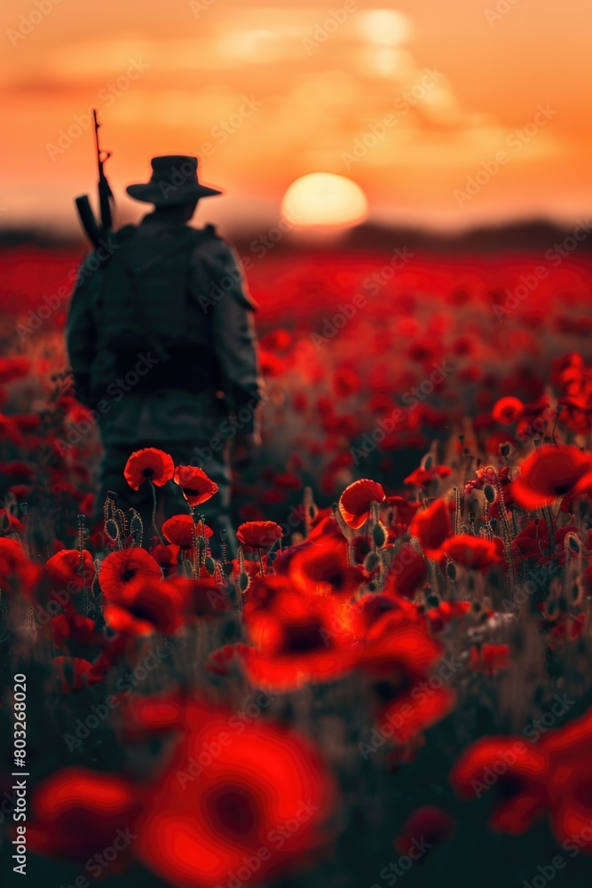 Poster a man standing in a field of vibrant red poppies. perfect for nature or relaxation concepts