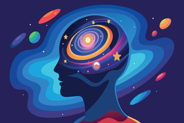 A silhouette filled with a vibrant space scene, depicting creativity