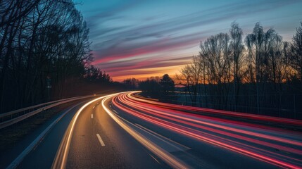 Countryside asphalt road in motion with trees against a night sky