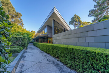 Full front view of a pearl grey house with a modern, angular design and a neatly trimmed hedge lining the pathway.