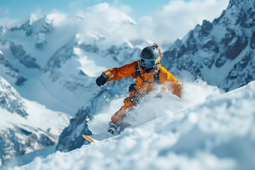 Man in sportswear sliding on snowboard over snowy mountains background. Winter activity. Concept of winter sport, action, motion, hobby, leisure time