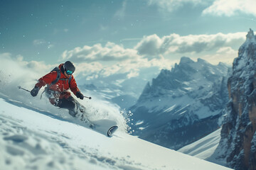 Man in sportswear sliding on snowboard over snowy mountains background. Winter activity. Concept of winter sport, action, motion, hobby, leisure time